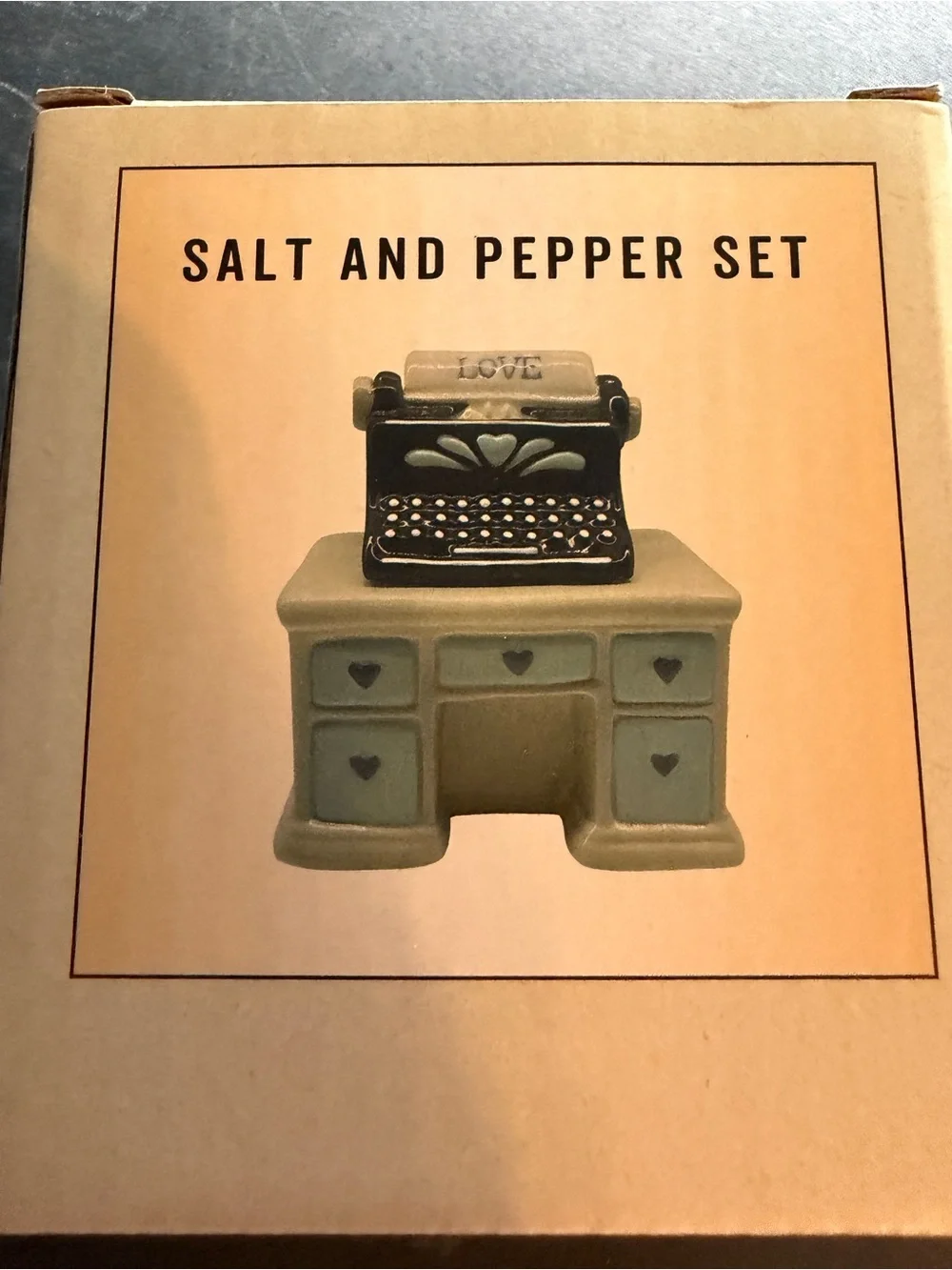 New Crate & Barrel Salt & Pepper Shaker Set Desk & Typewriter Love Blue Black